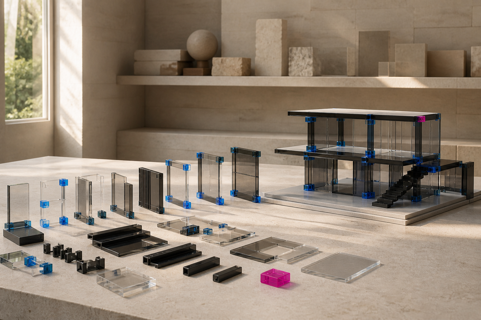 Glass and cobalt modules assemble into a coherent architectural structure.