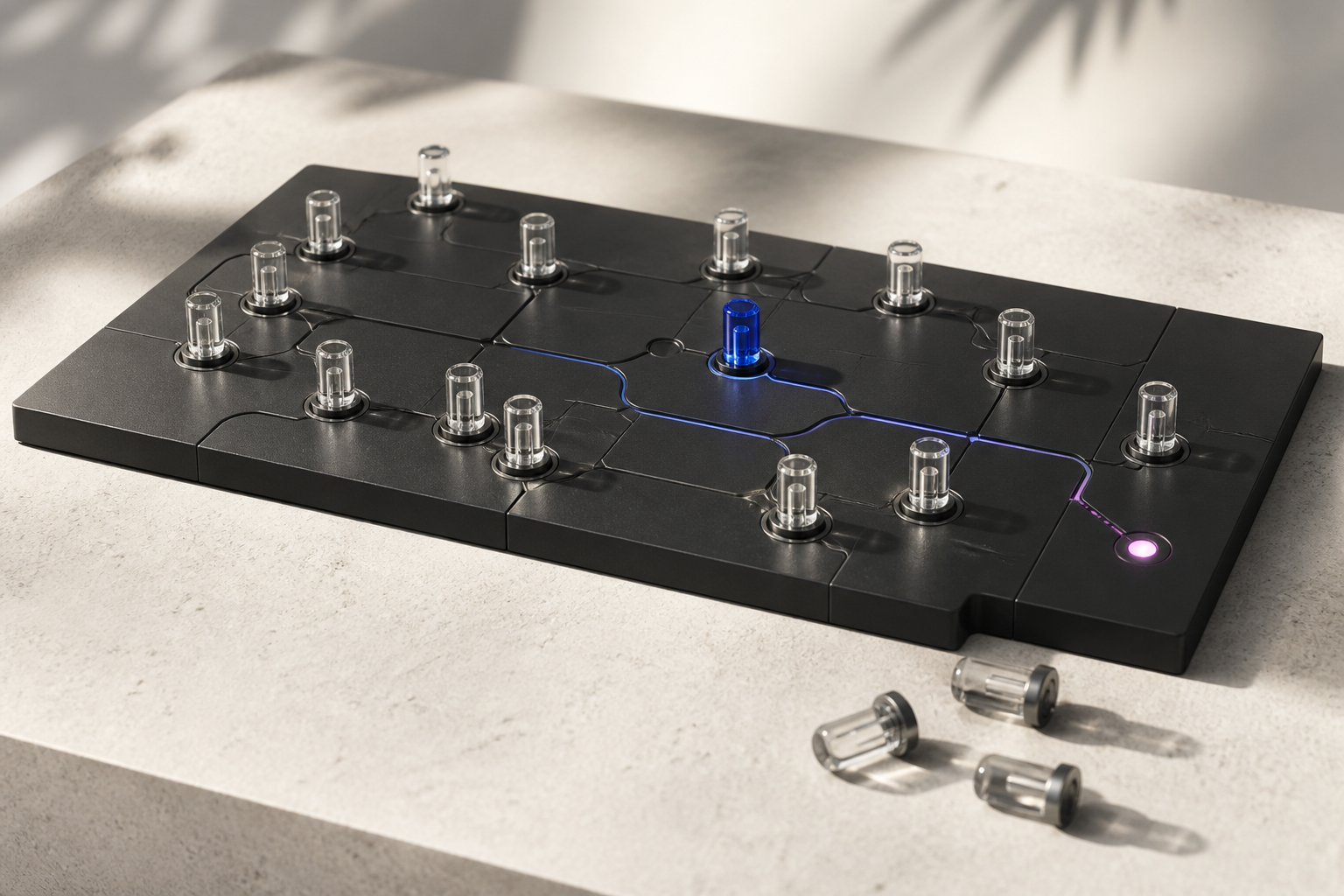A black modular switchboard has active blue routes and several removed glass toggles.