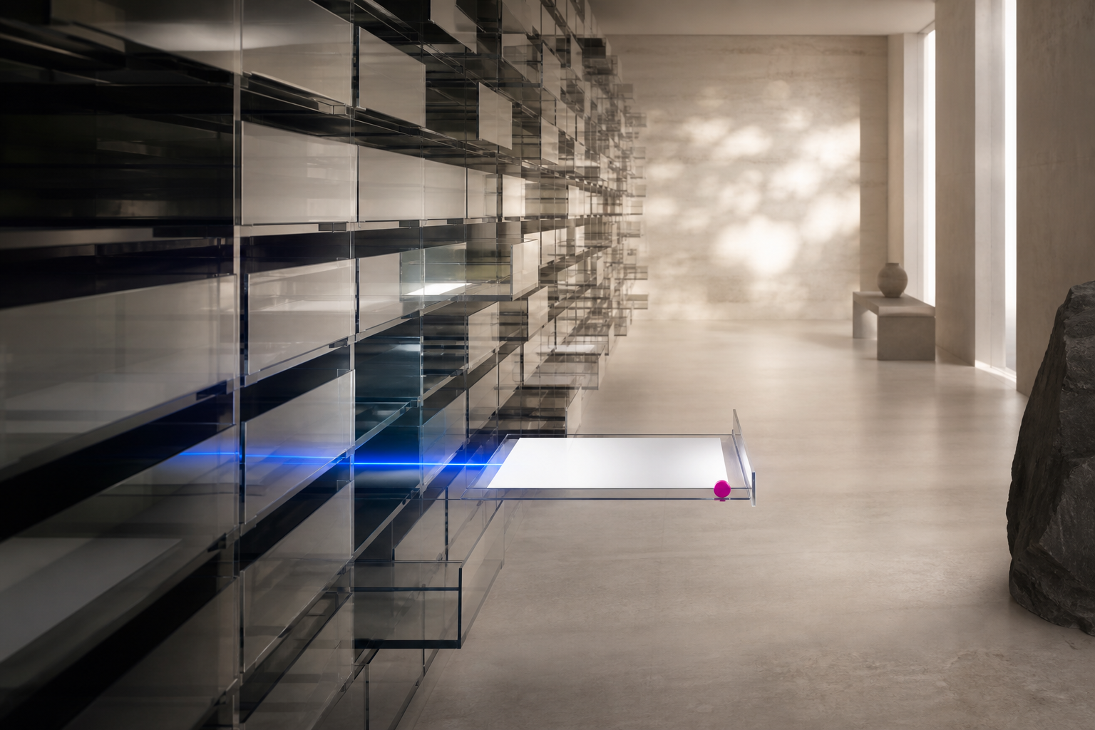 A blue beam selects one transparent record from a deep glass archive.