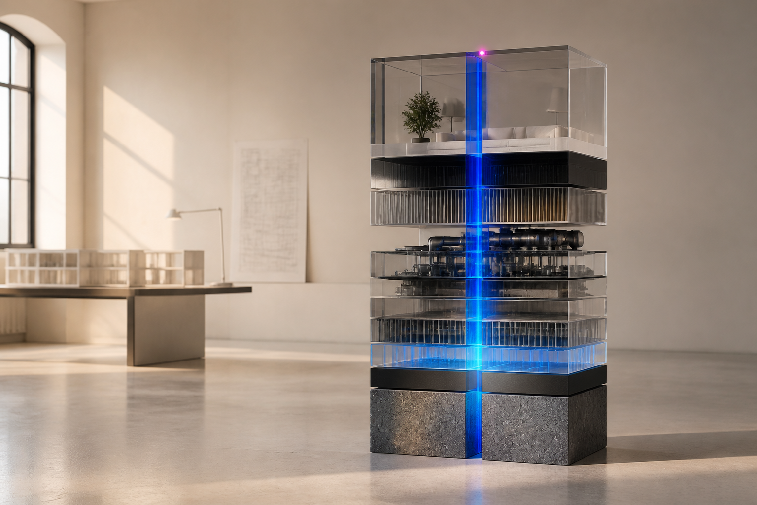 A blue vertical beam cuts through every layer of a transparent architectural model.