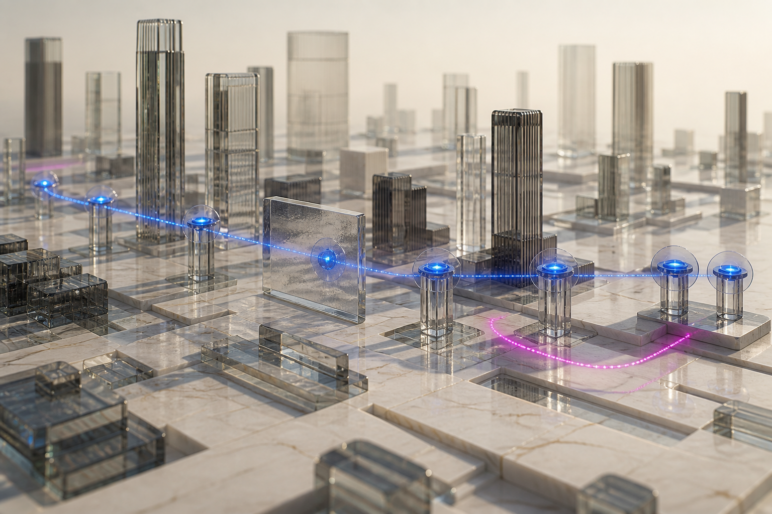 Blue and magenta signals relay across a miniature city of transparent towers.