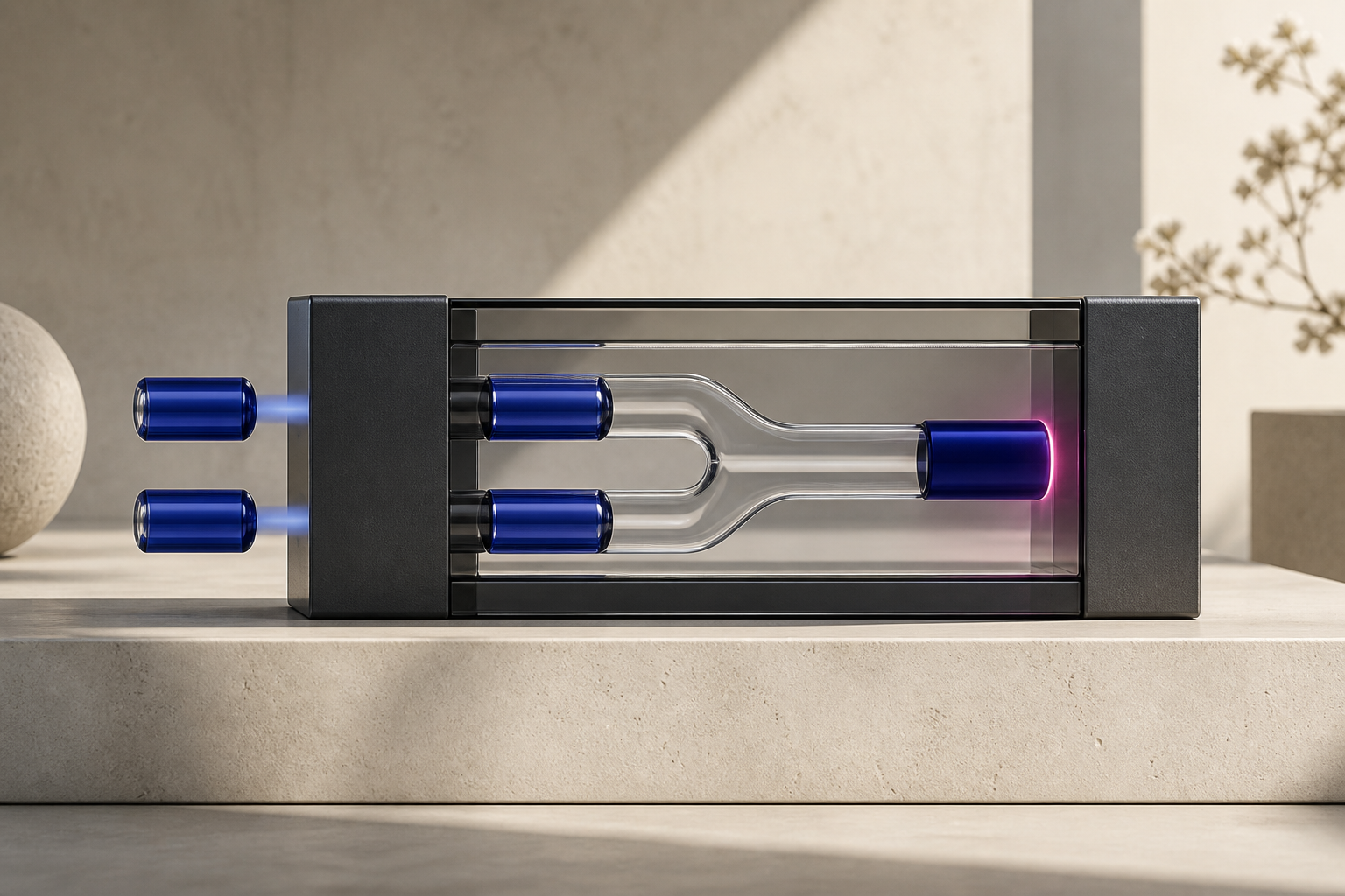 Two blue input pulses merge inside a glass mechanism and leave as one output.