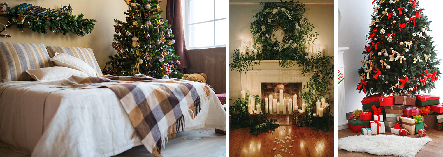 Collage: bedroom with Christmas tree and garland, mantle with wreath and roping, and a Christmas tree with presents