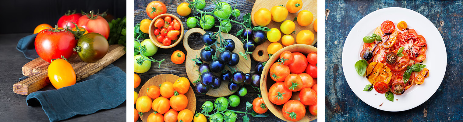 3 images - a variety of tomatoes on a cutting board and table near black napkin; a wide variety of tomatoes on a table in  bowls and on cutting boards; and a sliced, fresh tomato salad on a white plate on a dark table