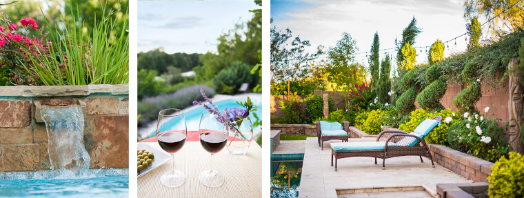 pool with flowing water surrounded by plants, 2 glasses of wine overlooking a pool and lavender-filled landscape, and chaise loung chairs by a pool with beautiful topiary shrubs, roses and bougainvillea