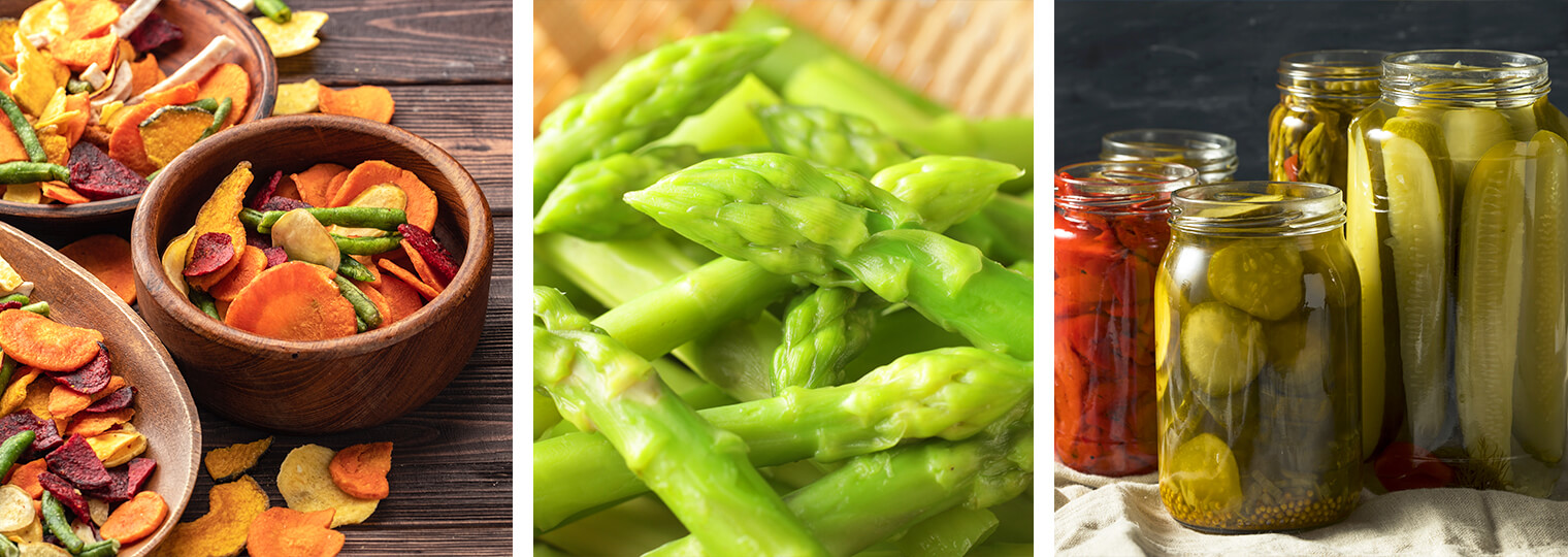 3 images: homemade vegetable chips in blows on a wooden table; pickled asparagus; and a variety of preserved vegetables in glass jars