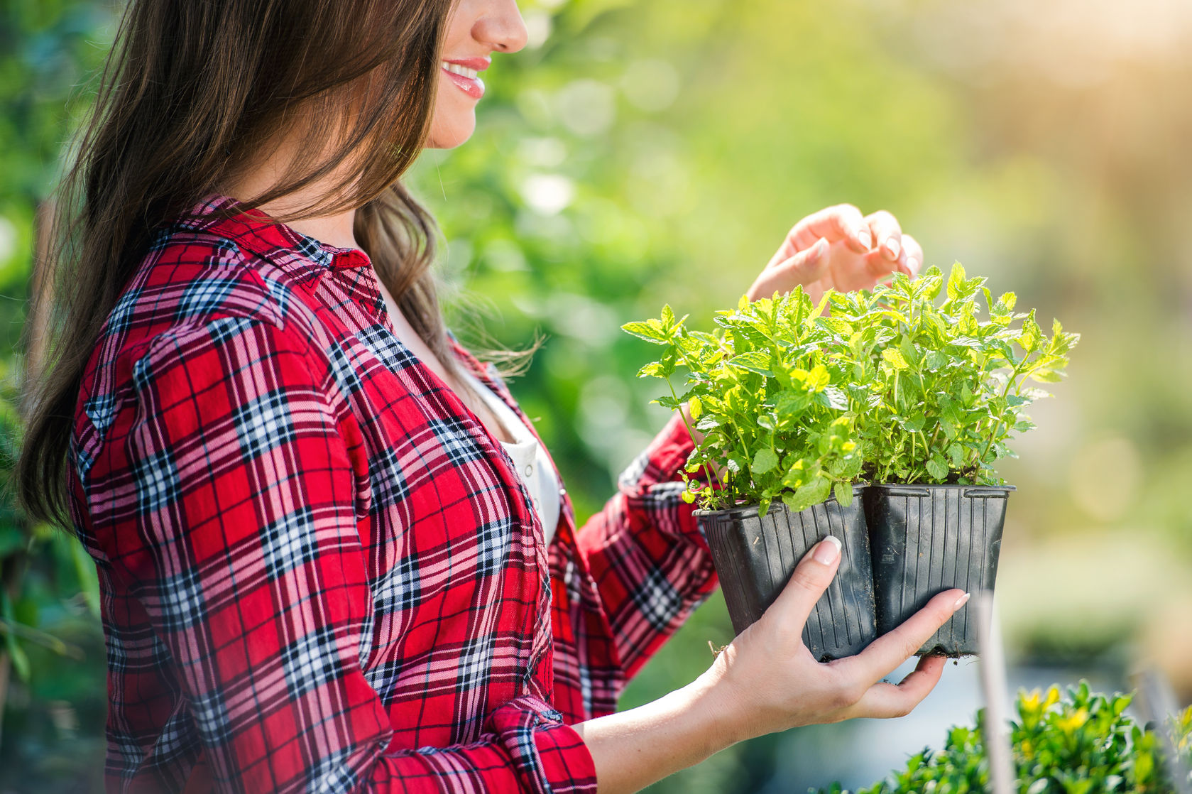 Woman holding pair of plants for her garden