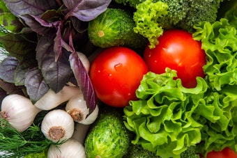 A variety of vegetables and herbs and tomatoes