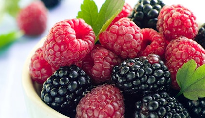 Raspberries and blackberries in small bowl