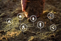 Picture of hand in soil with icons of different things that affect soil health - water, sun, organisms, insects, temperature, worms and microbes