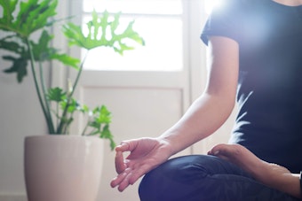 Potted Monstera Houseplant with woman meditating nearby