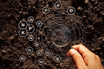 Magnifying glass being held by a male on top of the soil with soil nutrient symbols and circles scattered throughout the soil to represent soil health and nutrients