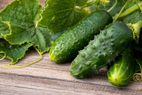 3 cucumbers with leaves from their plant on a wooden table