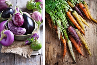 2 images: a variety of eggplants in a bowl and on a wooden table, and fresh-pulled rainbow carrots on a wooden table