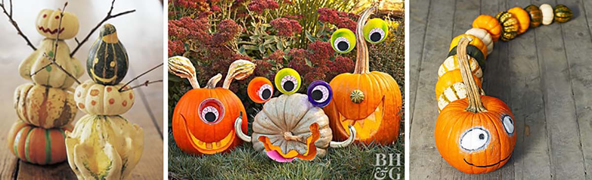 Pumpkin ideas for kids.  3 different images of pumpkins designed for kids to create like a snowman, caterpillar and monsters