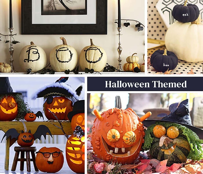 Halloween themed pumpkin ideas with four different images of pumpkins designed differently for Halloween