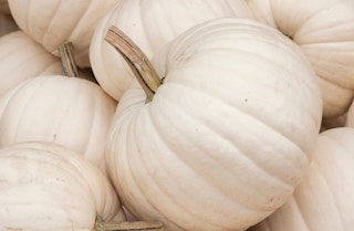 A bunch of white blanco pumpkins stacked on one another