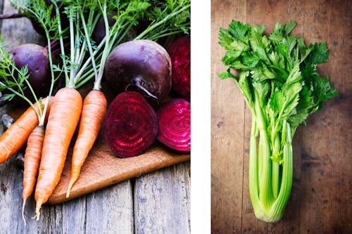 2 images: Carrots and Beets, and Celery - all on wooden tables