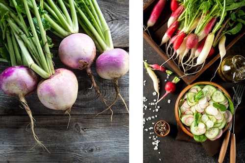 2 images: Turnips on a wooden table, and 2 varieties of radishes in a box and sliced in a bowl by a place setting