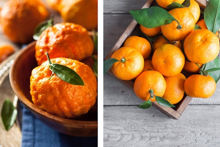 2 images: left - golden nugget mandarine oranges in a bowl, and right - celmentines in a wooden box on a wood table