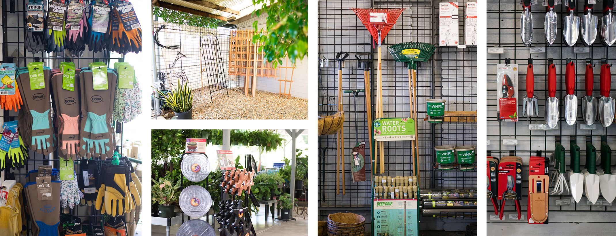 A collage of 5 images - A variety of garden gloves on display, garden trellises and hooks, plant saucers and rolling planter stand near houseplants, a variety of large garden tools on display, and a variety of garden hand tools on display