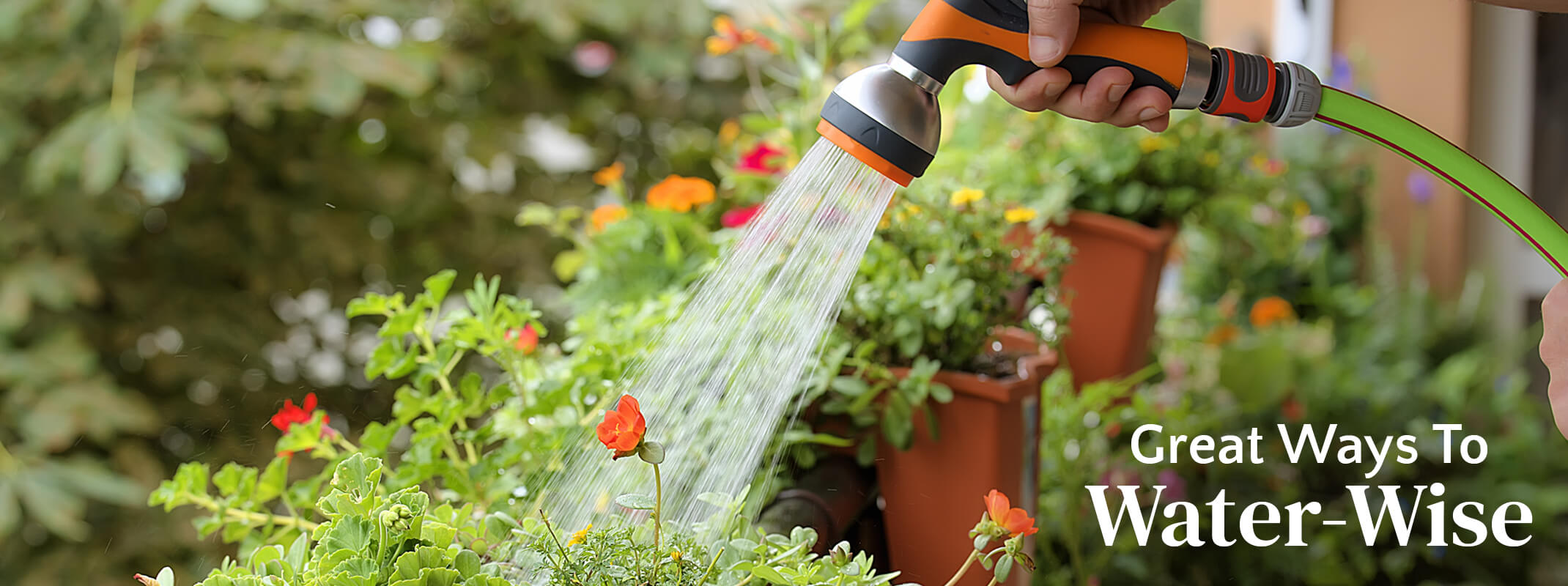 Great ways to water-wise banner Person watering with a hose and hose end revolver spraying their flowers with the words: Great Ways To Water-Wise on the image