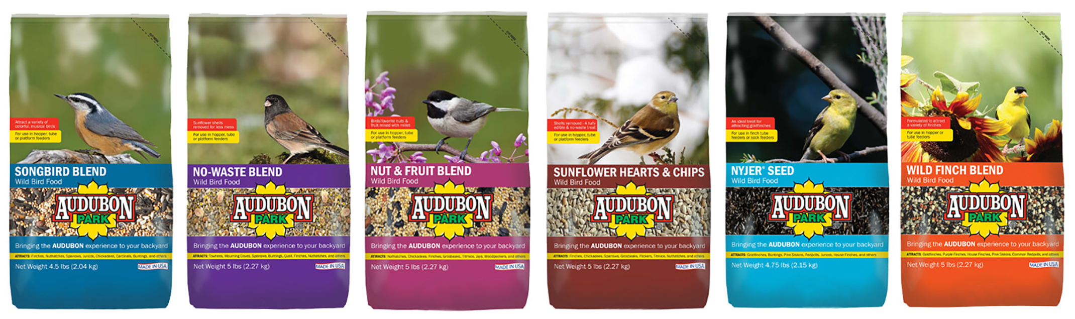 six different bags of Audubon Park bird seed
