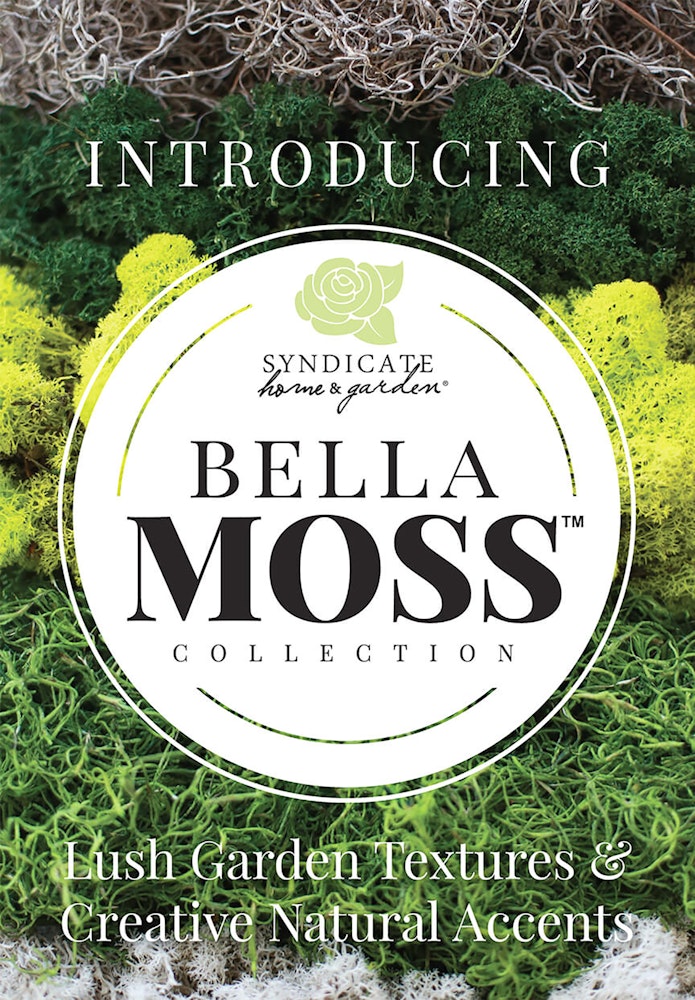 Various colors of moss layered in the background with a white circle showing the syndicate home garden logo and bell moss collection plus the words Introducing and lush garden textures and creative natural accents on the image