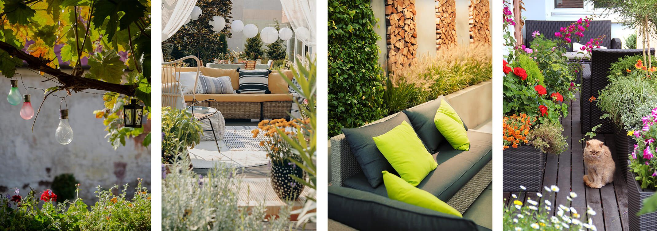 4 images: A patio with a tree with lights and a stucco wall in background with plants in foreground; a patio with a string of paper lights, curtains, seating and plants; a patio with built-in seating, a tall vertical wall with a plant growing up it, space for chopped lumbar and ornamental grasses growing between the seating and the wall; and a deck with a variety of colorful potted plants, seating and a kitty cat