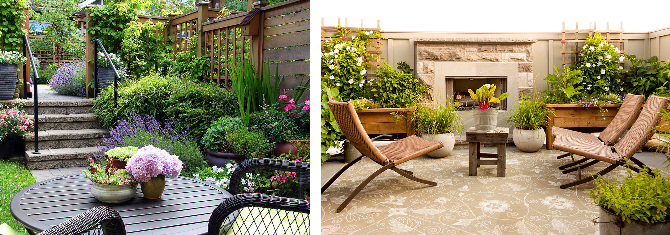 2 images: a backyard patio area with a wide variety of plants, including fragrant ones, seating wooden trellises and fencing and stairs; a patio with an outdoor rug and fireplace, seating and a wide variety of plants-including scented ones