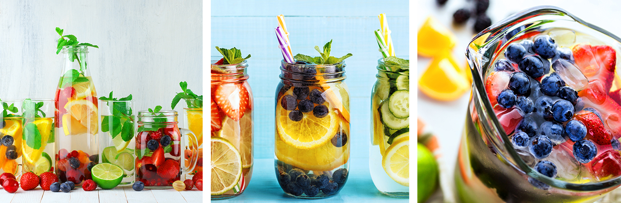 3 images: glass jars filled with water and fresh fruits and herbs; 3 glass mason jars filled with water and fresh fruits and herbs and coloful striped straws; and a closeup of a glass pitcher with water and blueberreis and strawberries, with lemons and limes in the background