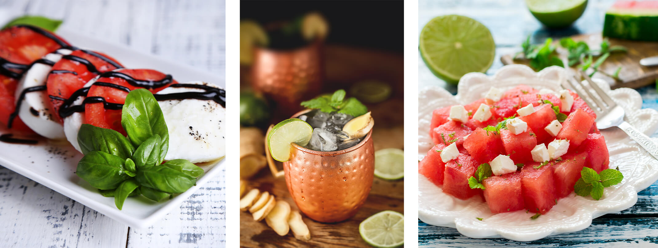 3 images: caprese salad, ginger grape mule, and watermelon, feta and mint salad