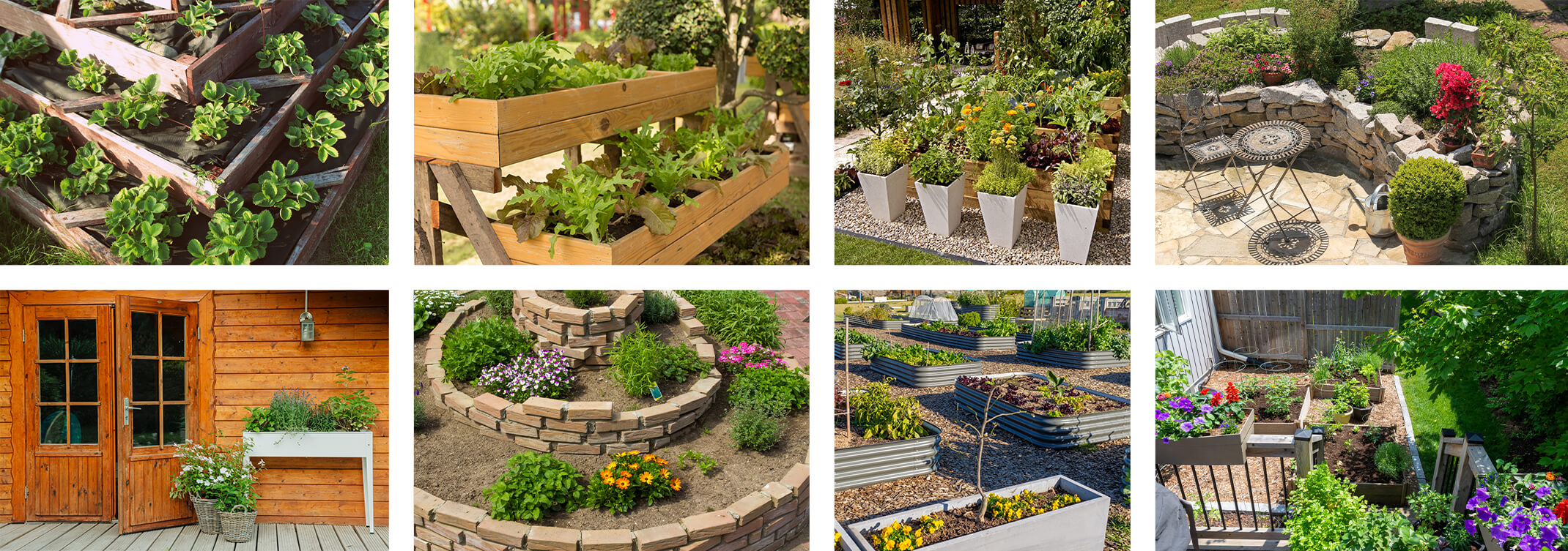 8 images showing a variety of raised garden bed styles - from tall tiered to raised with legs, to shelves, to stone swirls, to metal, to tall planters, to built in custom shapes, and traditional raised wooden garden beds