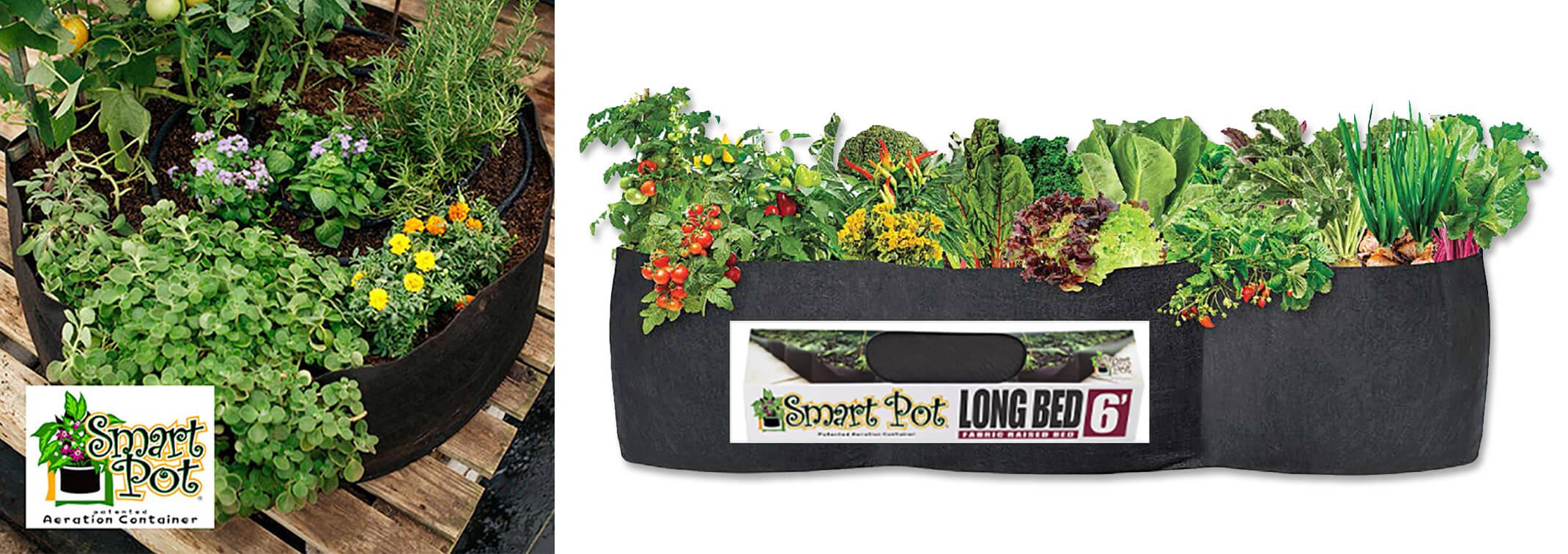 2 images: a round smart pot filled with a variety of plants; and a long bed smart pot filled with a variety of plants