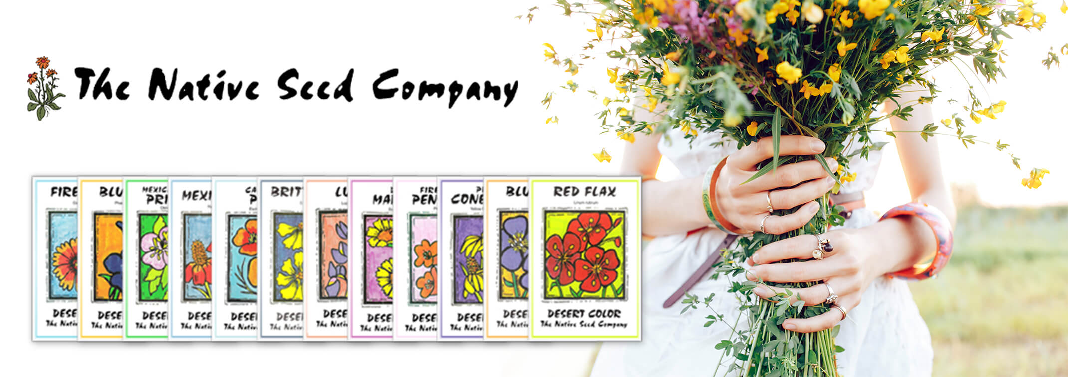 A collage with The Native Seed Company logo top left, a variety of flower seed packets below their logo, and a photo of a woman in a white dress holding a bouquet of wildflowers on the right