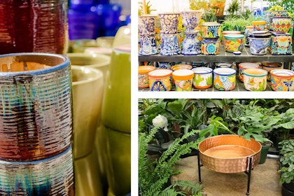 3 images: a closeup of red and blue textured pots with yellow and blue pots in the background; a display of a variety of Talavera pots at SummerWinds; and a copper hammered planter with a black metal stand surrounded by a variety of houseplants and a ceramic white cat sculpture