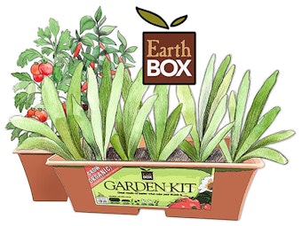 Earthbox garden kit illustration of the kit with plants and the earthbox logo