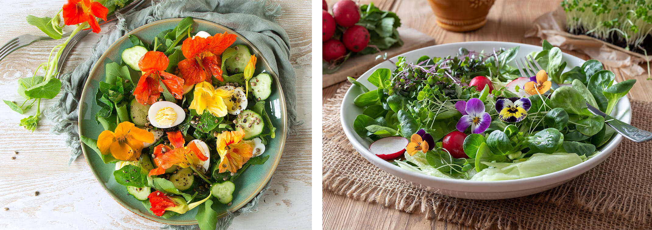 2 images - a plate and a bowl filled with an edible salad that includes edible flowers
