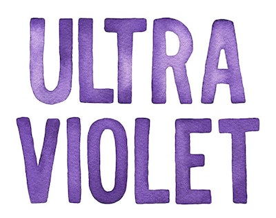 Two words written in purple water color and bold font that reads in all caps, ultra violet