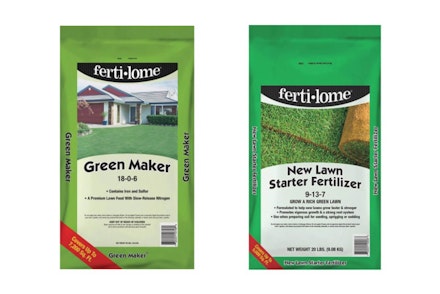 A bag of Fertilome Green Maker and a bag of Fertilome New Lawn Starter Fertilizer against a white background