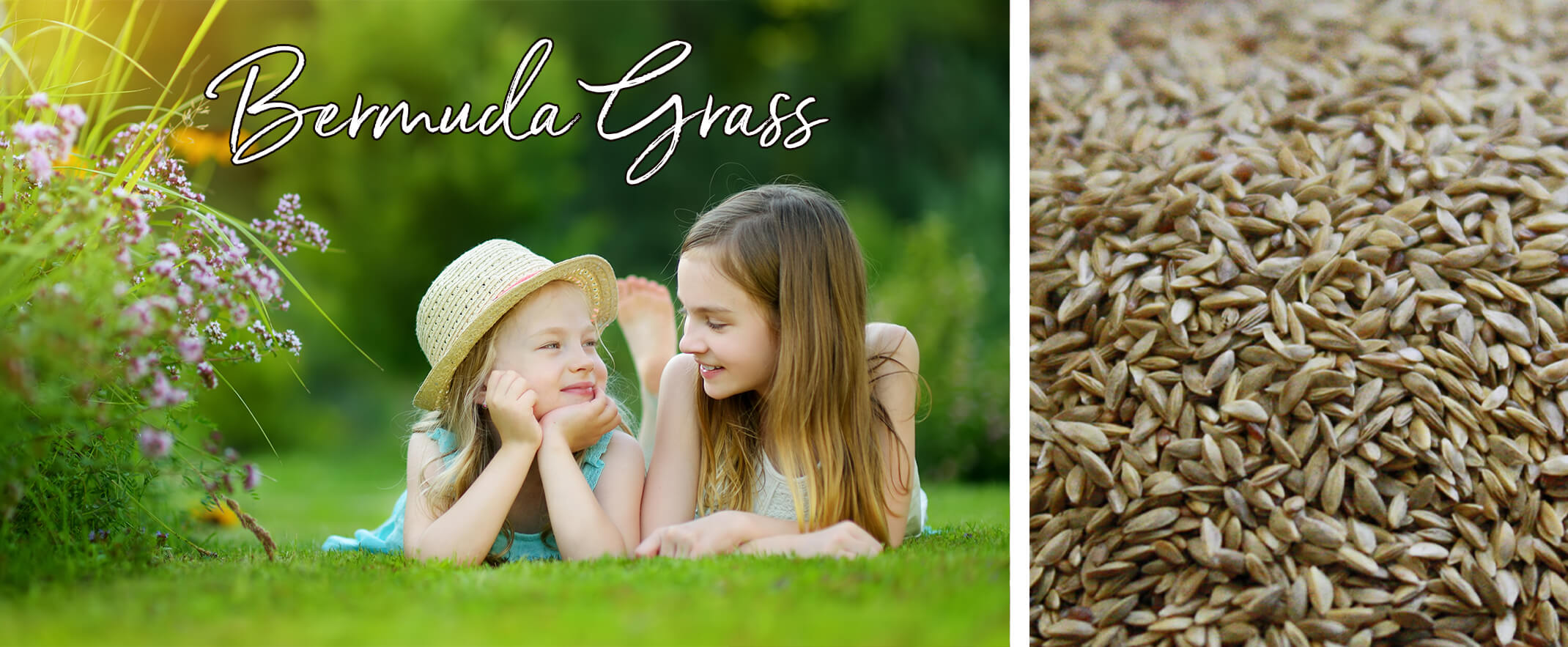 2 images: two girls laying on their stomachs in the grass near plants with white text that says 