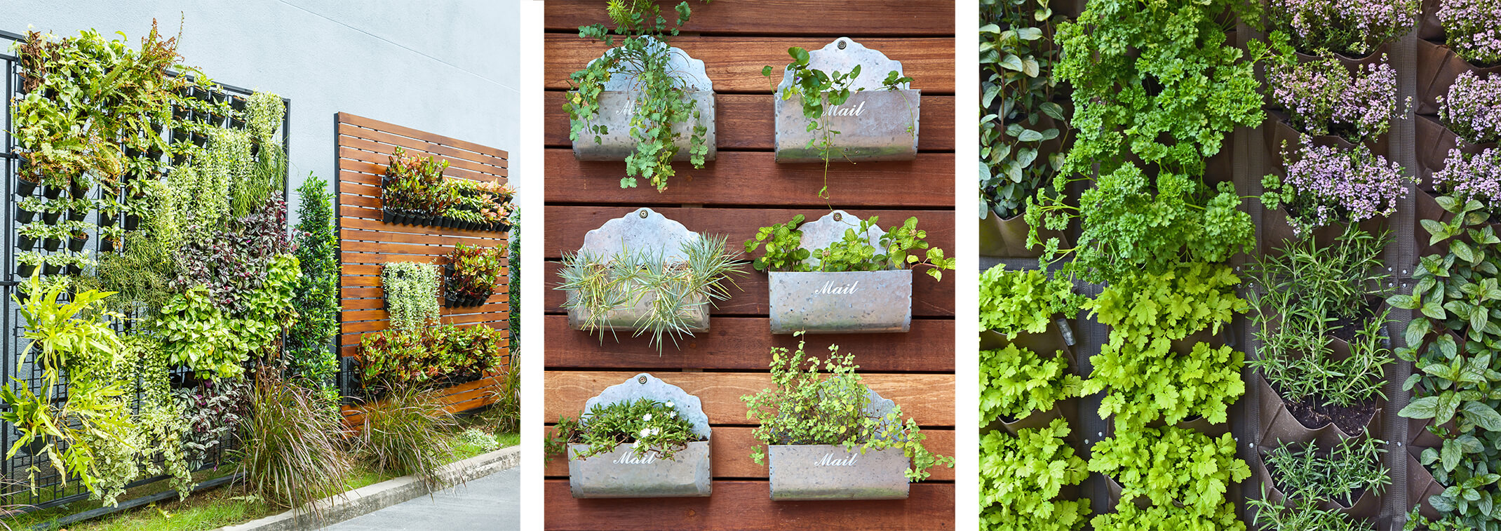 3 images: vertical outdoor walls - 1 made from metal and the other from wood with vertical containers filled with a wide variety of plants; a wood wall with envelope style metal mailboxes hanging on it and featuring a variety of plants; a wall of vertical plant pockets with a variety of herbs planted throughout