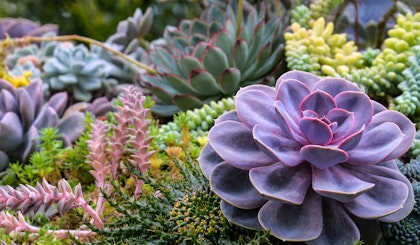 An assortment of succulents with different shapes, colors and textures all planted together