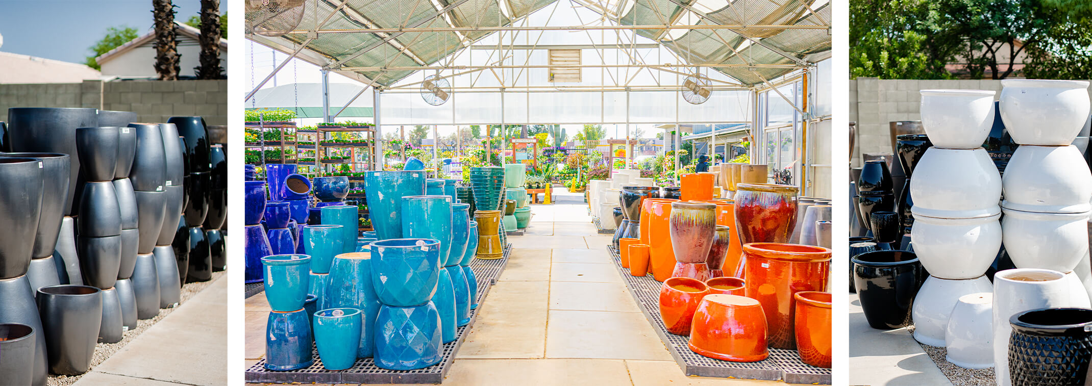 3 images: metal grey, ang black planters; a rainbow of colorful ceramic planters on display at SummerWinds; and stacks of white, and black, pottery