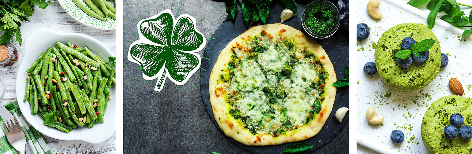 Garlic Parmesan Green Beans, Creamy Pistachio Pesto Flatbread Pizza, and Shamrock Cream Tarts.