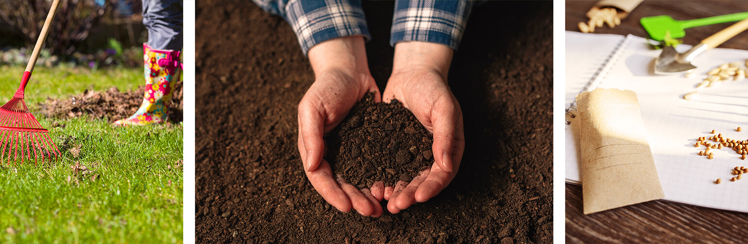 prepping garden for spring, raking, checking soil and fertilizing