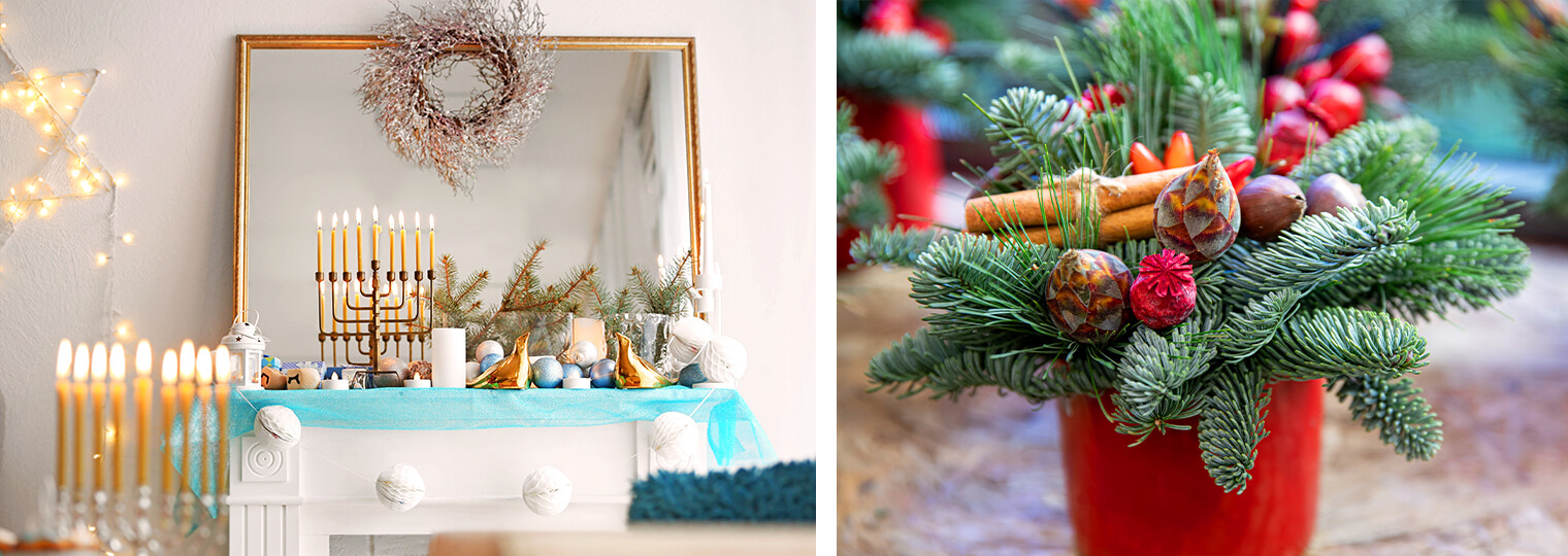 decorating a vanity with greens, twigs, and pinecones