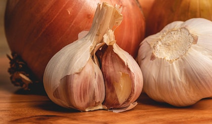 Onions and garlic from spring edible bulbs