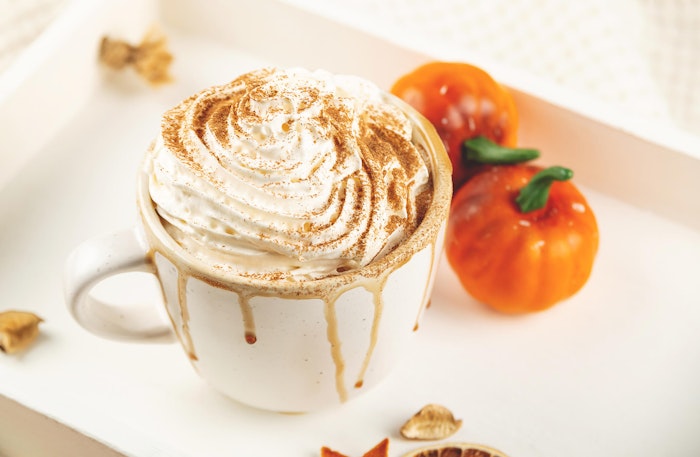 pumpkin latte with 2 little pumpkins next to the cup