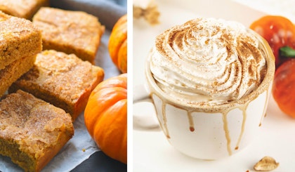 pumpkin blondies next to pumpkins pumpkin latte with whip next to two small pumpkins